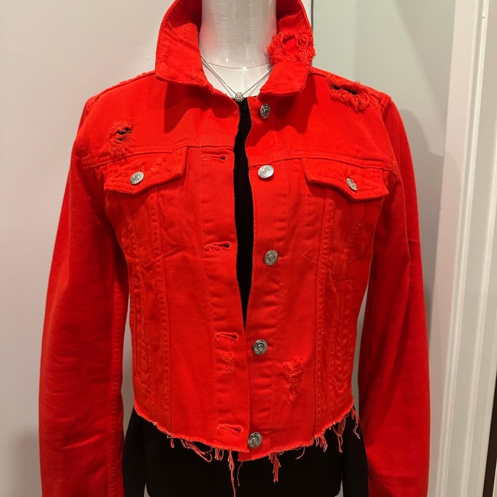 Veronica Beard Distressed Red Denim Jacket